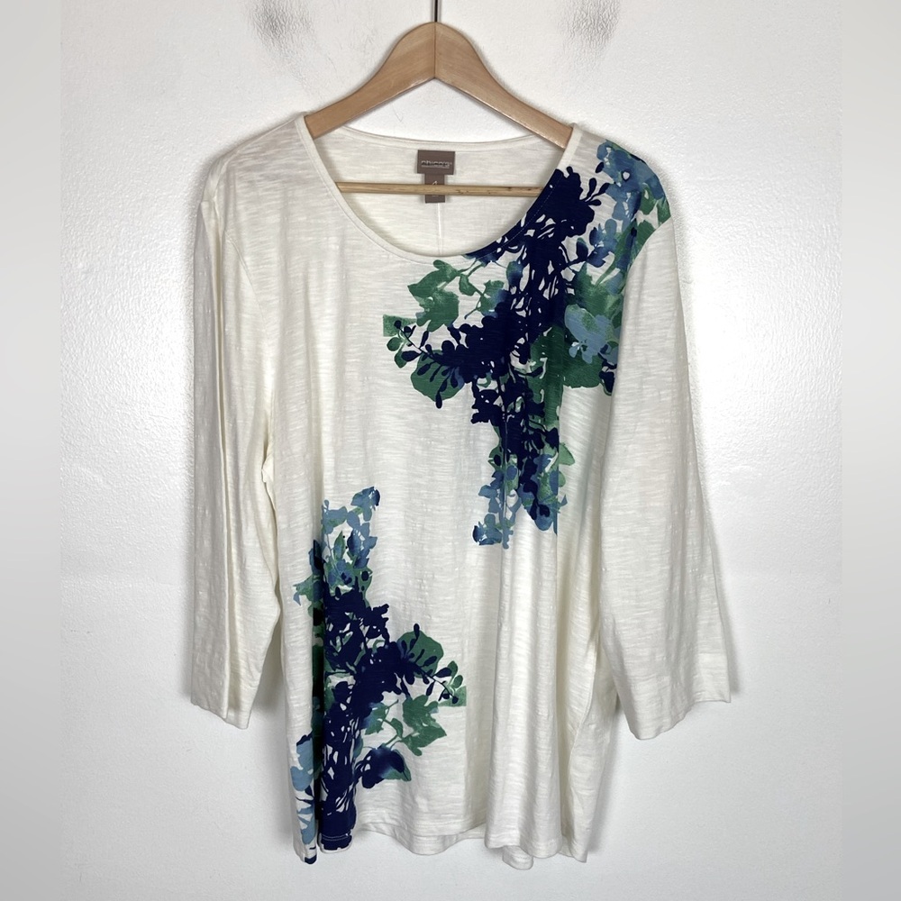 Chico's Spring Paradise 3/4 Sleeves Top Size 4 US XXL Floral‎ Cotton Scoop Neck